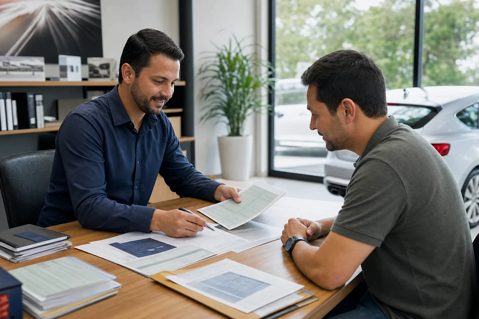 Profissional atendendo um cliente em ambiente de trabalho.